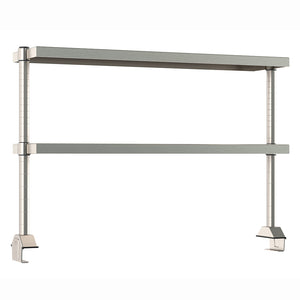 Metro TableWorx center-mount stainless steel riser system with two adjustable cantilevered solid shelves and vertical mounting posts.
