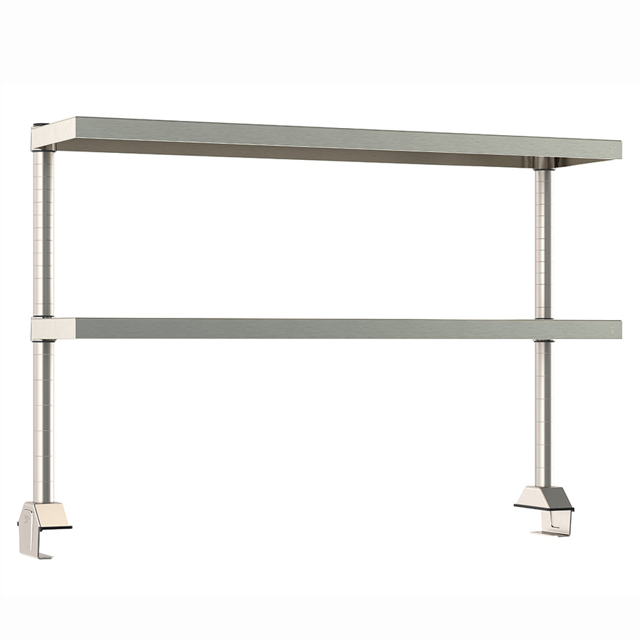 Metro TableWorx rear-mount stainless steel riser system with two adjustable cantilevered solid shelves and vertical mounting posts.