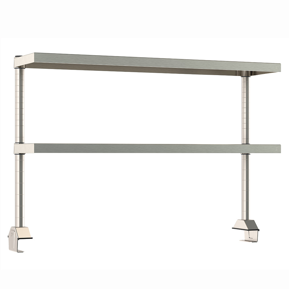 Metro TableWorx rear-mount stainless steel riser system with two adjustable cantilevered solid shelves and vertical mounting posts.