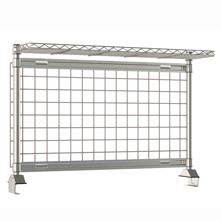 Metro TableWorx rear-mount riser system featuring gray epoxy-coated steel wire grid and stainless steel cantilevered wire shelf with 1-inch high ledge, grid hanging rails, and vertical mounting posts.