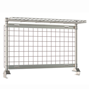 Metro TableWorx rear-mount riser system featuring gray epoxy-coated steel wire grid and stainless steel cantilevered wire shelf with 1-inch high ledge, grid hanging rails, and vertical mounting posts.