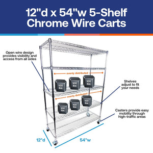 12"d x 54"w - 5-Shelf Chrome Wire Carts w/ 3" Casters