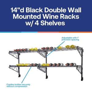 14"d Black Double Wall Mounted Wine Racks w/ 4 Shelves