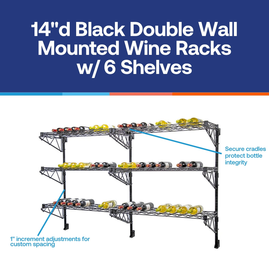 14"d Black Double Wall Mounted Wine Racks w/ 6 Shelves