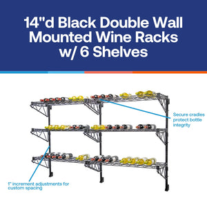 14"d Black Double Wall Mounted Wine Racks w/ 6 Shelves