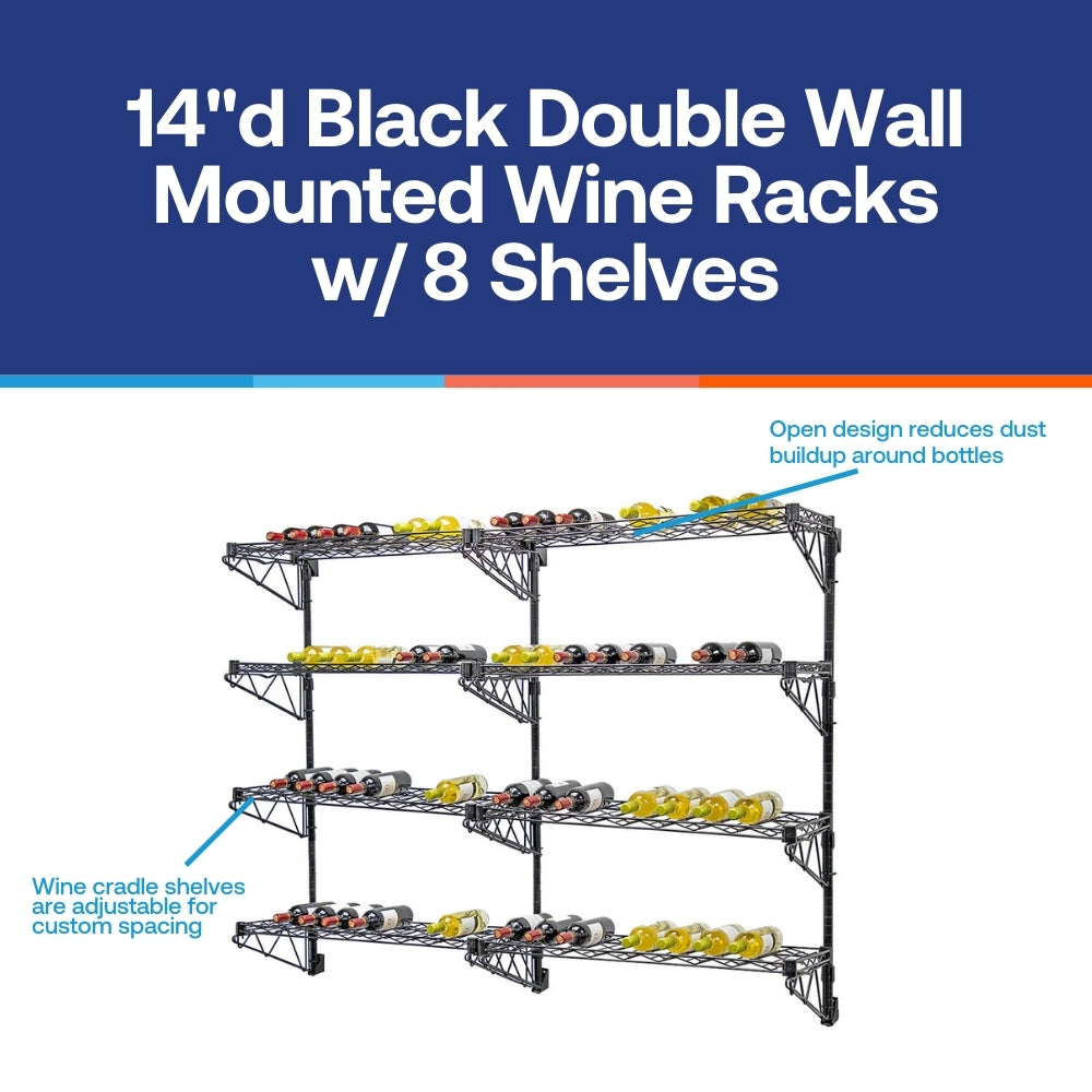 14"d Black Double Wall Mounted Wine Racks w/ 8 Shelves