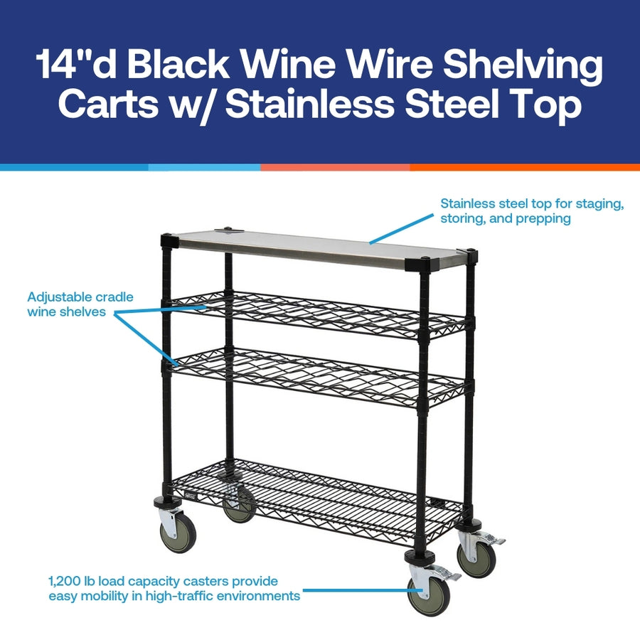 14"d Black Wine Wire Shelving Carts w/ Stainless Steel Top