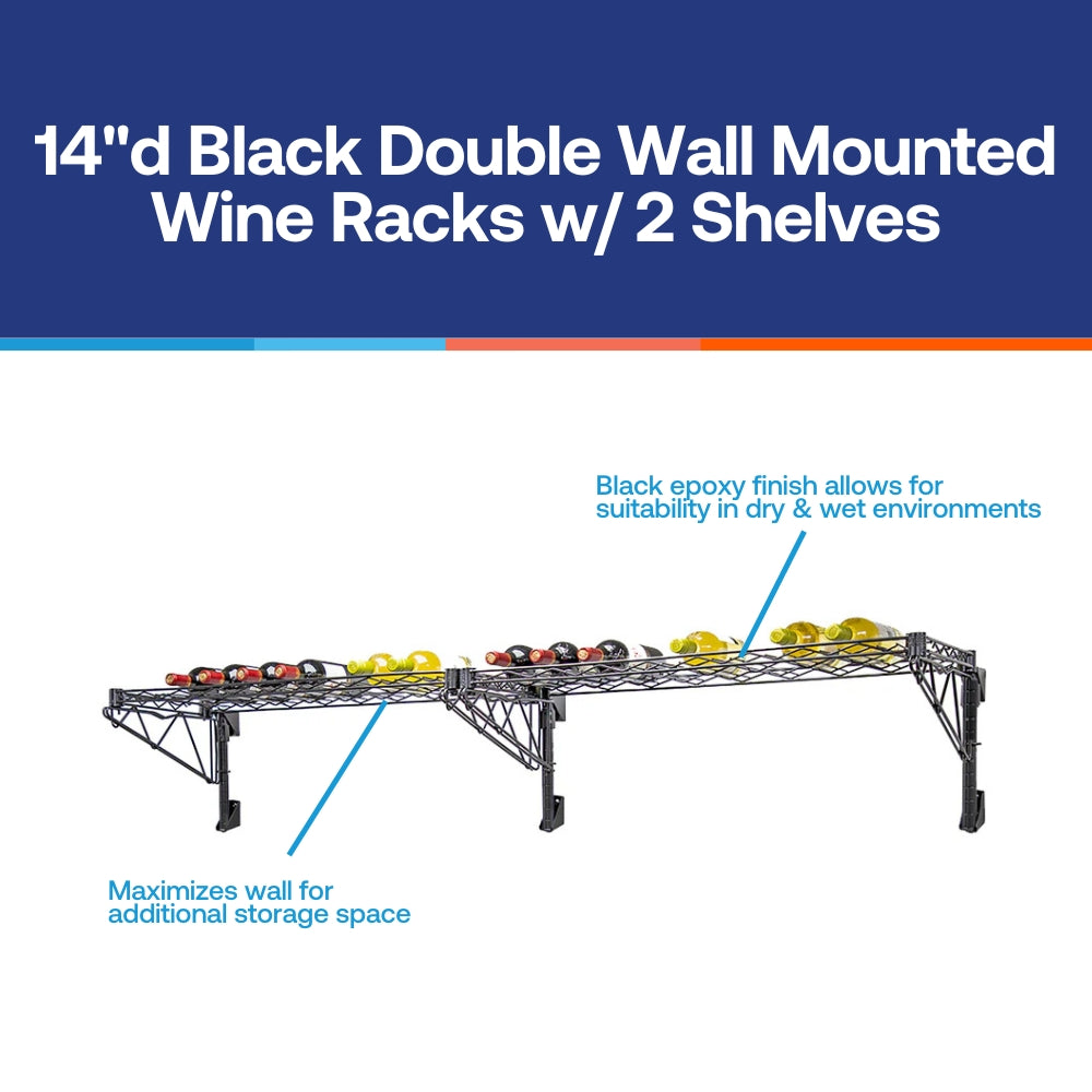14"d Black Double Wall Mounted Wine Racks w/ 2 Shelves