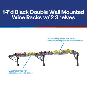 14"d Black Double Wall Mounted Wine Racks w/ 2 Shelves