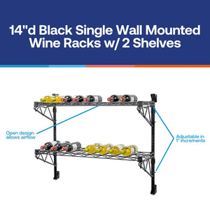 14"d Black Single Wall Mounted Wine Racks w/ 2 Shelves