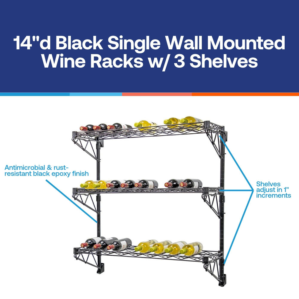 14"d Black Single Wall Mounted Wine Racks w/ 3 Shelves