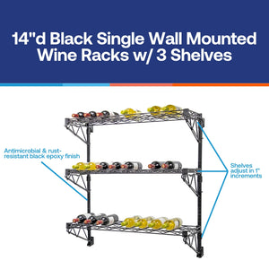 14"d Black Single Wall Mounted Wine Racks w/ 3 Shelves