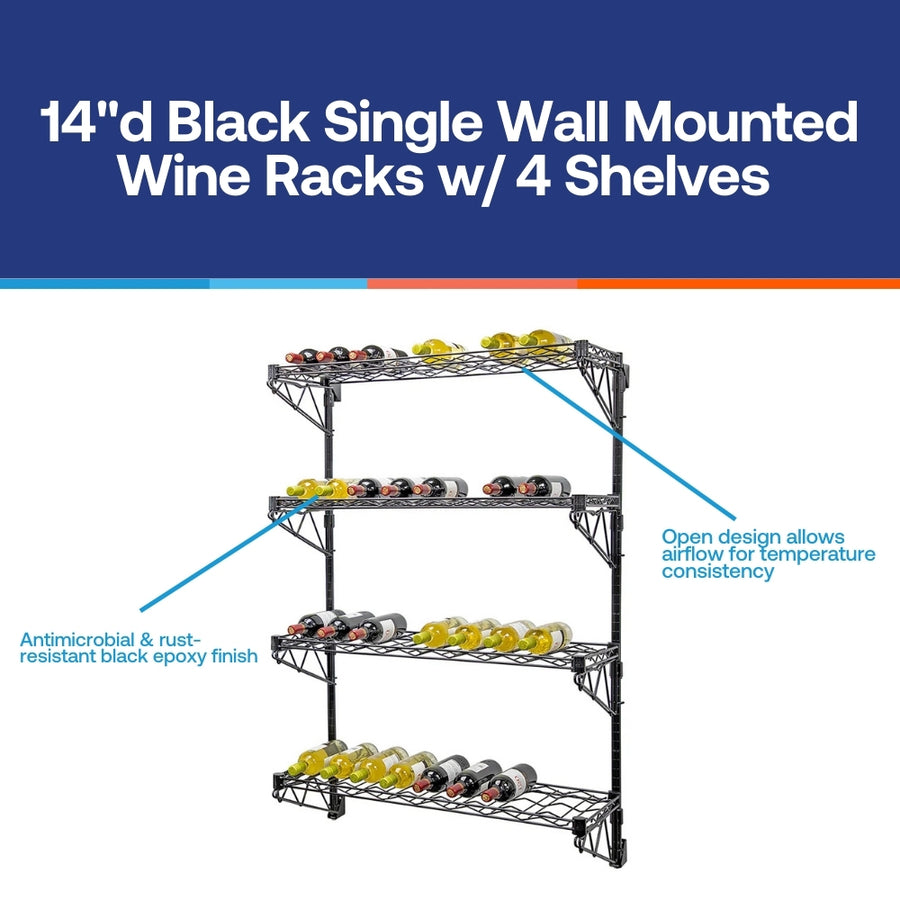 14"d Black Single Wall Mounted Wine Racks w/ 4 Shelves