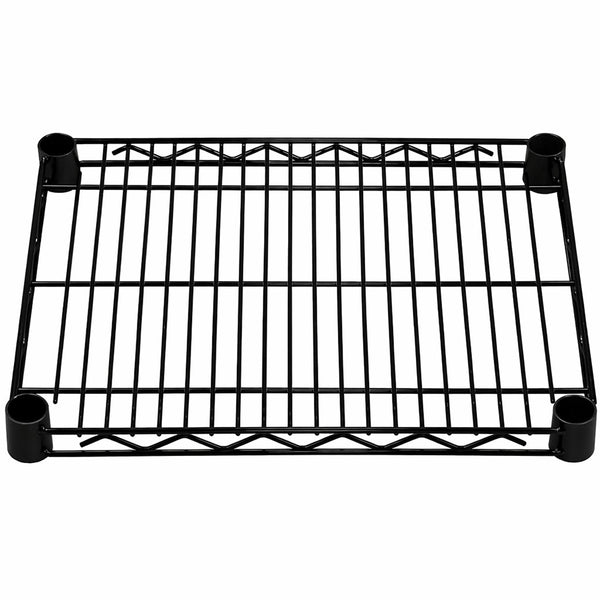 14-inch deep black epoxy wire shelf offering corrosion-resistant, space-saving storage for commercial and industrial environments.