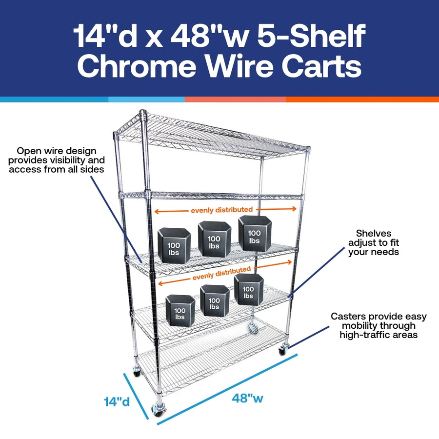 14x48 5-shelf chrome wire rolling cart, NSF-certified mobile wire shelving unit, 14-inch deep narrow rolling rack for medical and restaurant supply, heavy-duty chrome service cart - Stocked in Michigan