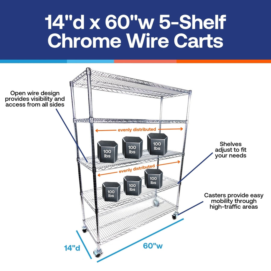 14x60 5-shelf chrome wire rolling cart, NSF-certified mobile wire shelving unit, 14-inch deep narrow rolling rack for medical and restaurant supply, heavy-duty chrome service cart - Stocked in Michigan