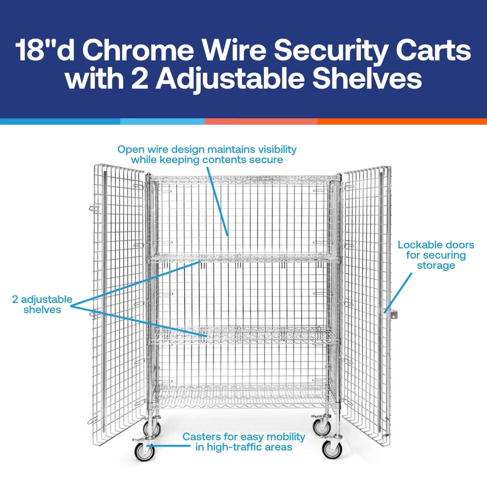 18"d Chrome Wire Security Carts with 2 Adjustable Shelves