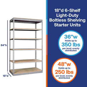 Lyon 18"d 6-Shelf Light-Duty Boltless Shelving Starter Units - Gray
