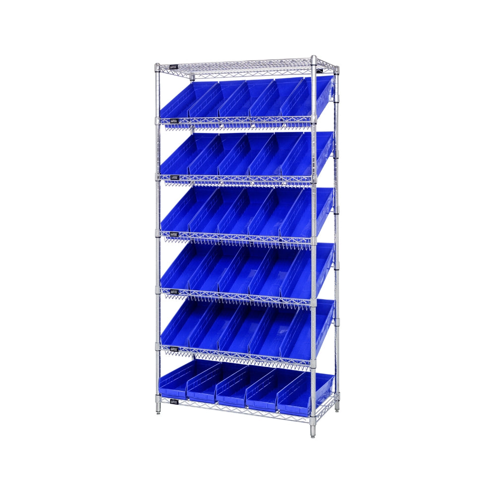 18"d x 36"w x 74"h 7-Tier Slanted Wire Shelving with 17-7/8"d x 6-5/8"w x 4"h Bins