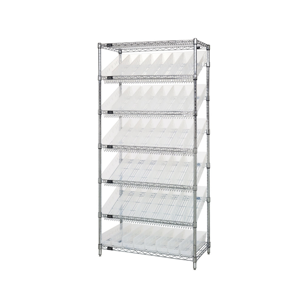 18"d x 36"w x 74"h 7-Tier Slanted Wire Shelving with 17-7/8"d x 6-5/8"w x 4"h Bins
