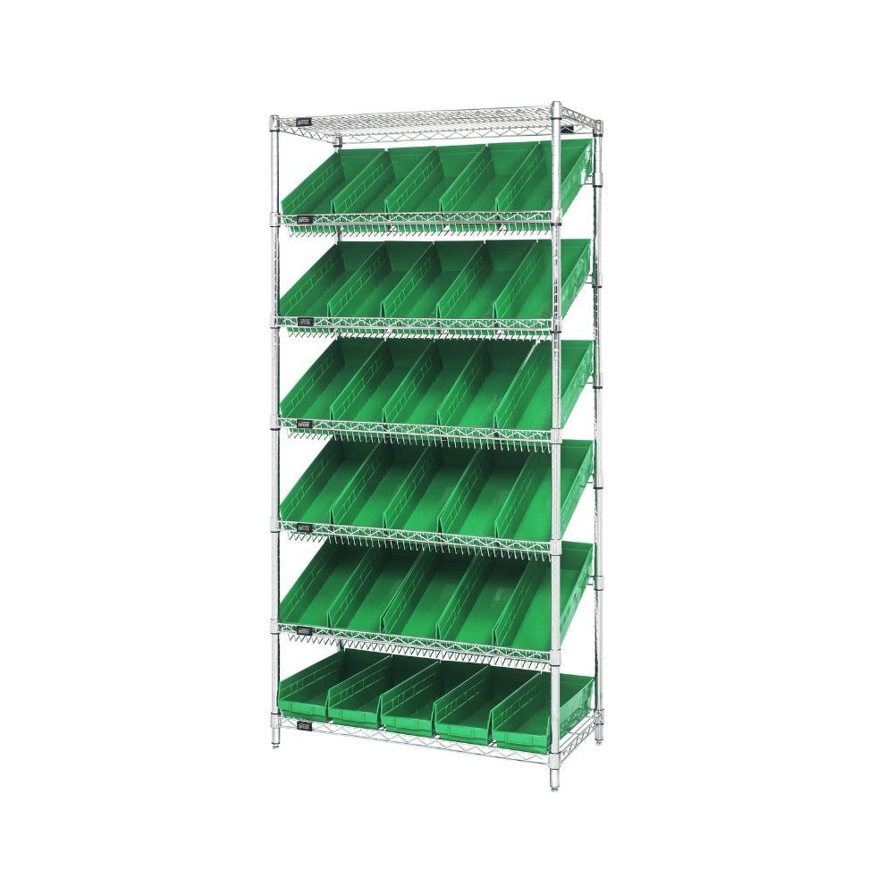18"d x 36"w x 74"h 7-Tier Slanted Wire Shelving with 17-7/8"d x 6-5/8"w x 4"h Bins