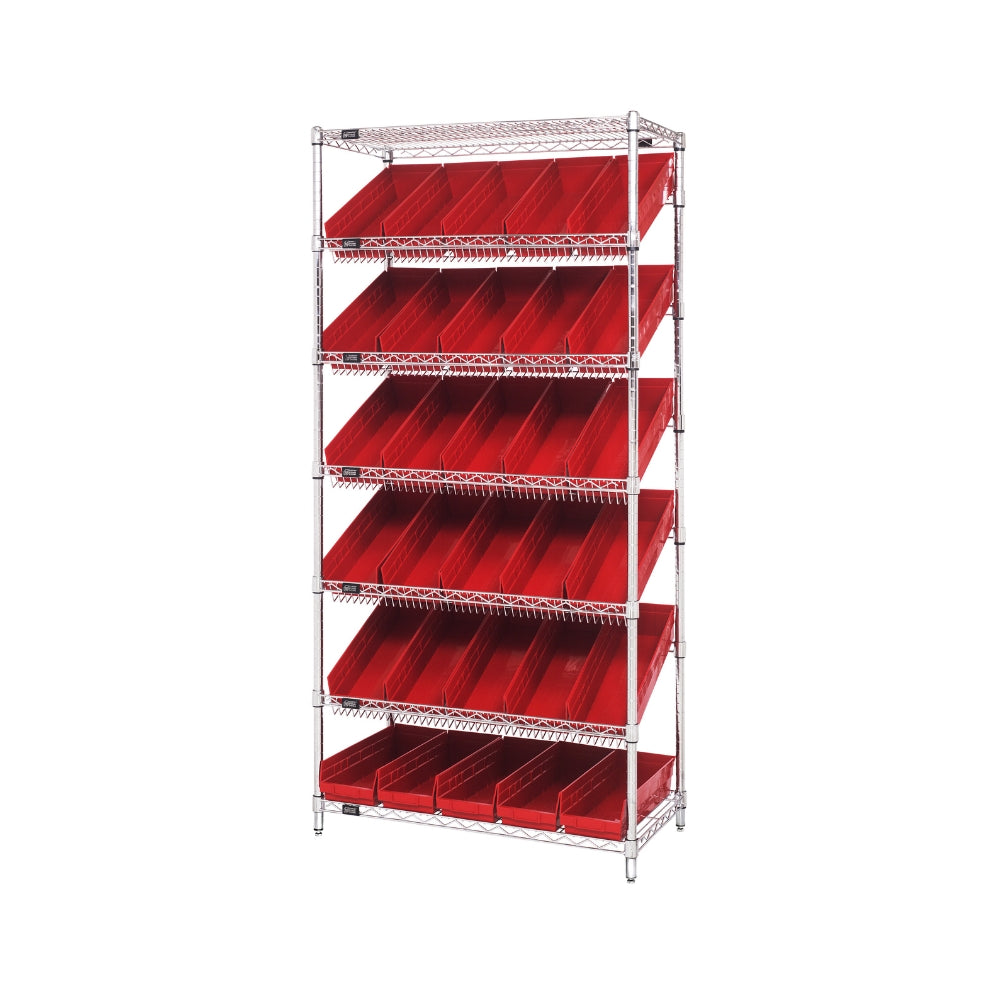 18"d x 36"w x 74"h 7-Tier Slanted Wire Shelving with 17-7/8"d x 6-5/8"w x 4"h Bins