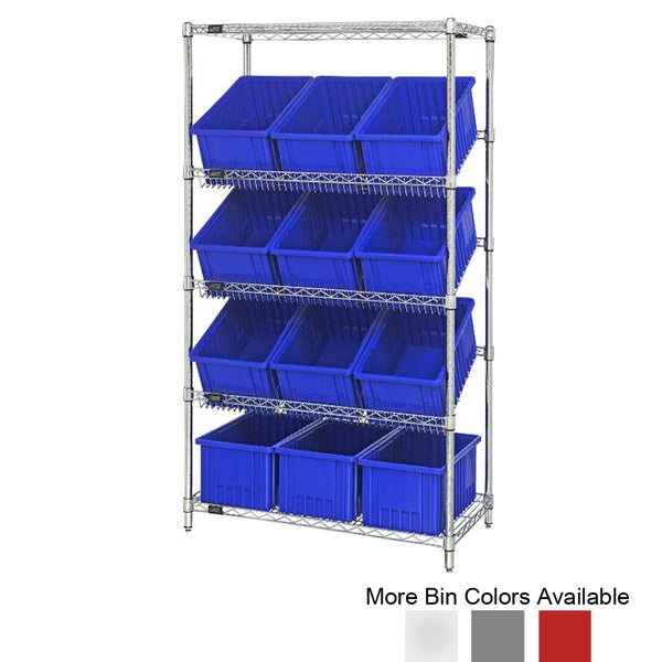 18"d x 36"w x 63"h 5-Tier Slanted Wire Shelving with 16-1/2"d x 10-7/8"w x 8"h Dividable Grid Containers