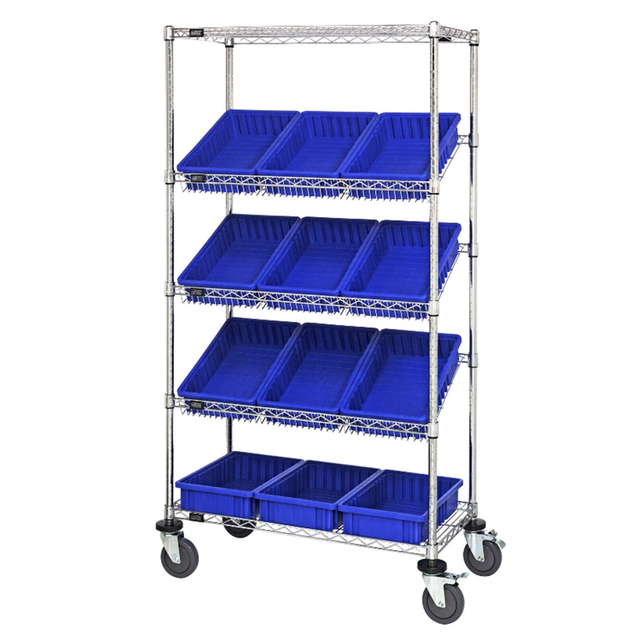 18"d x 36"w x 69"h 5-Tier Slanted Wire Shelving Carts with 16-1/2"d x 10-7/8"w x 3-1/2"h Dividable Grid Containers