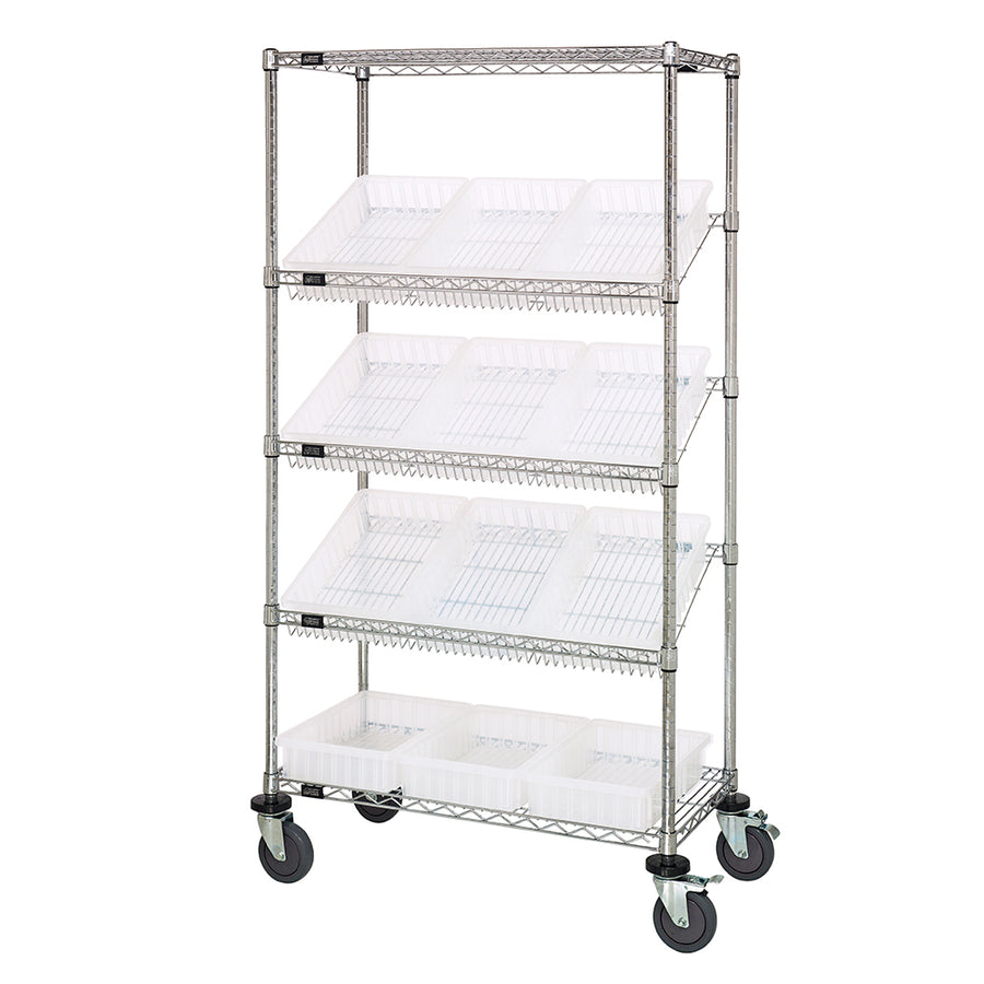 18"d x 36"w x 69"h 5-Tier Slanted Wire Shelving Carts with 16-1/2"d x 10-7/8"w x 3-1/2"h Dividable Grid Containers