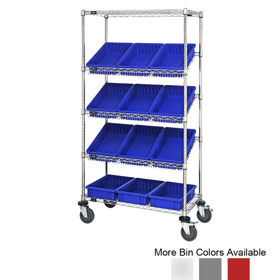 18"d x 36"w x 69"h 5-Tier Slanted Wire Shelving Carts with 16-1/2"d x 10-7/8"w x 3-1/2"h Dividable Grid Containers