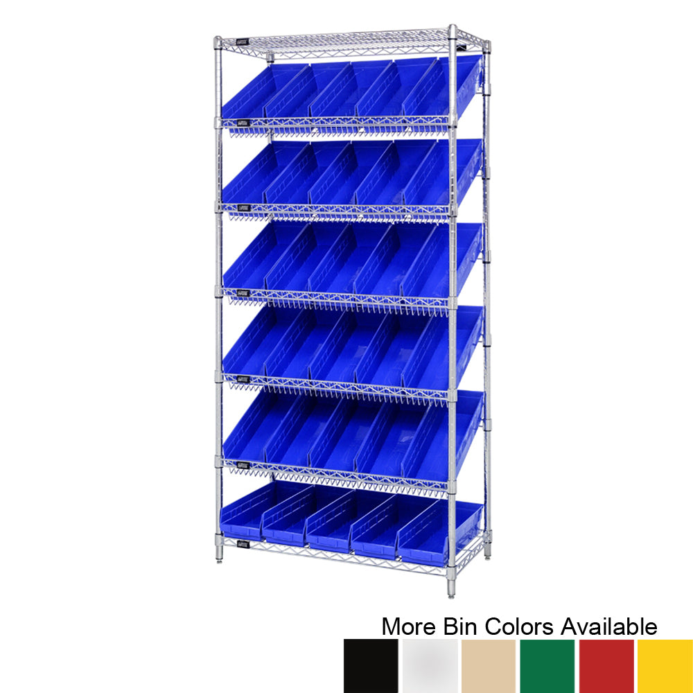 18"d x 36"w x 74"h 7-Tier Slanted Wire Shelving with 17-7/8"d x 6-5/8"w x 4"h Bins