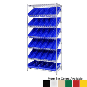 18"d x 36"w x 74"h 7-Tier Slanted Wire Shelving with 17-7/8"d x 6-5/8"w x 4"h Bins