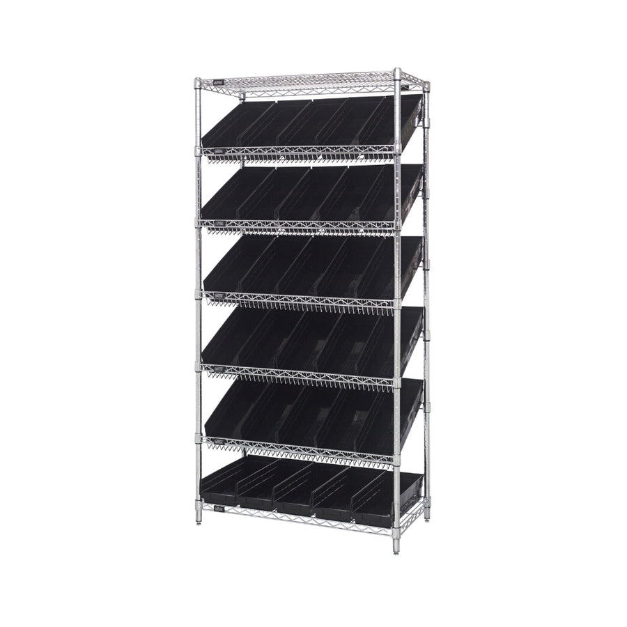 18"d x 36"w x 74"h 7-Tier Slanted Wire Shelving with 17-7/8"d x 6-5/8"w x 4"h Bins