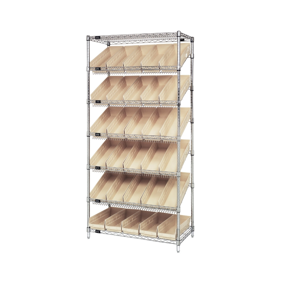 18"d x 36"w x 74"h 7-Tier Slanted Wire Shelving with 17-7/8"d x 6-5/8"w x 4"h Bins