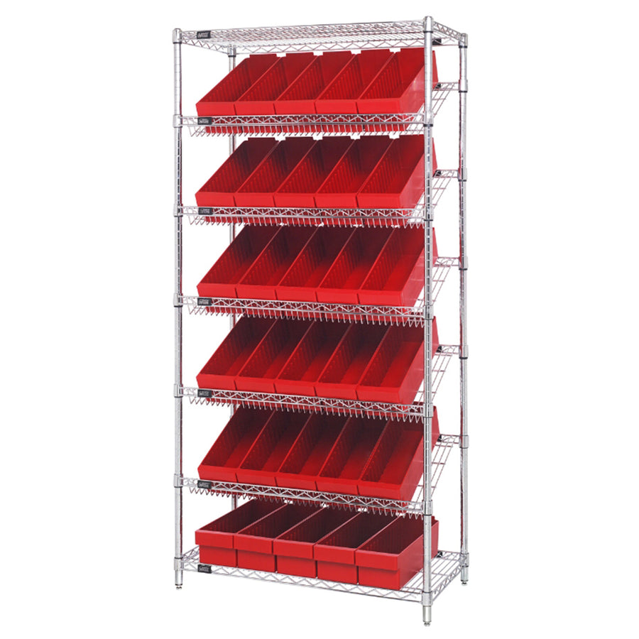18"d x 36"w x 74"h 7-Tier Slanted Wire Shelving with 17-3/4"d x 5-9/16"w x 4-5/8"h Drawers