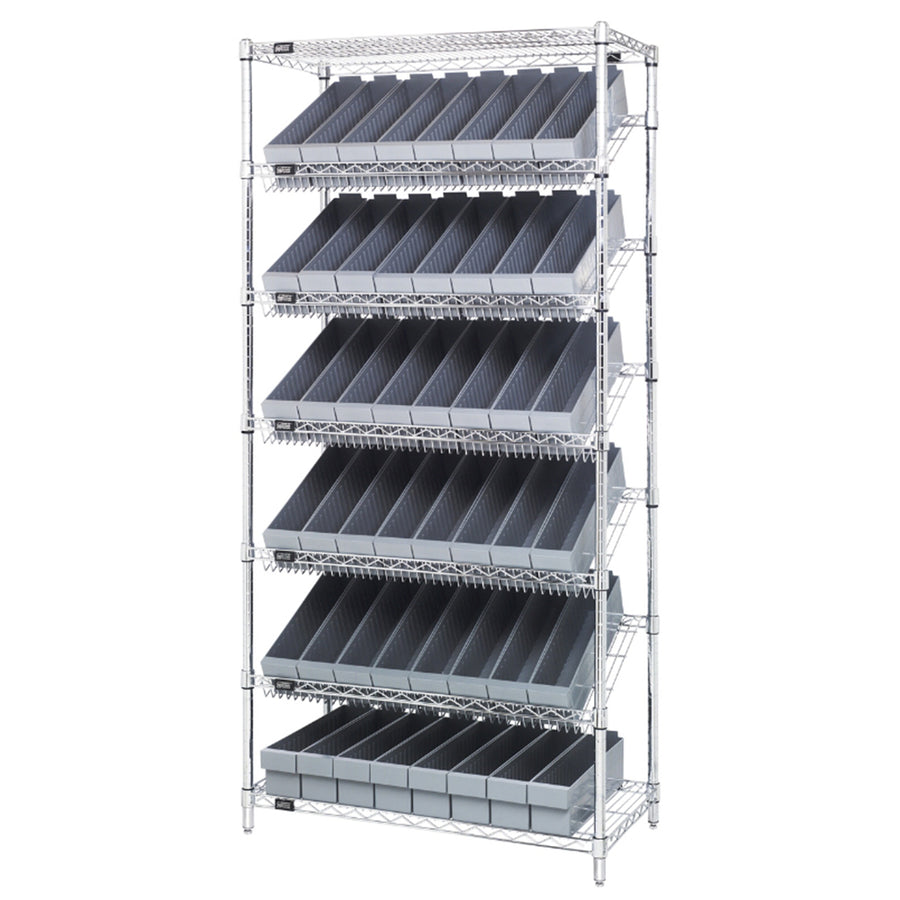 18"d x 36"w x 74"h 7-Tier Slanted Wire Shelving with 17-5/8"d x 3-3/4"w x 4-5/8"h Drawers