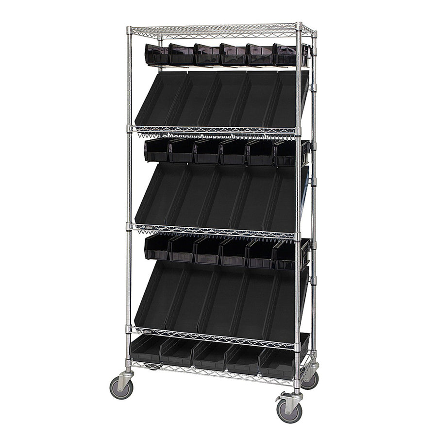 18"d x 36"w x 80"h 5-Tier Slanted Wire Shelving Carts with 5"h Hang Bins & 4"h Shelf Bins
