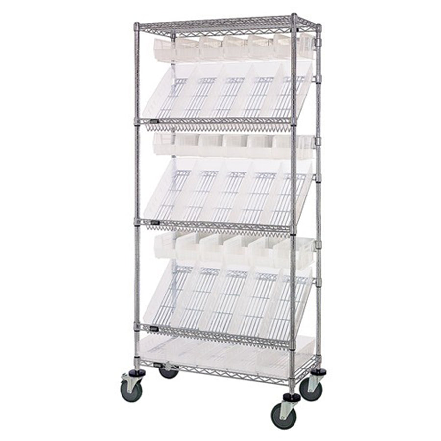18"d x 36"w x 80"h 5-Tier Slanted Wire Shelving Carts with 5"h Hang Bins & 4"h Shelf Bins