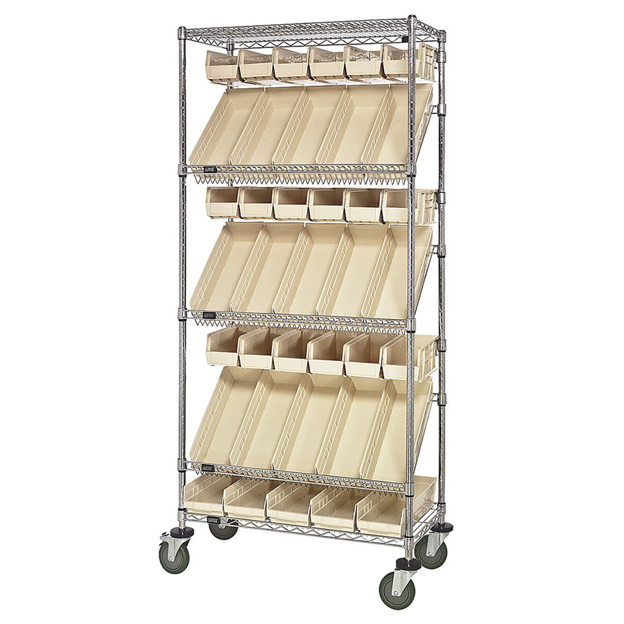 18"d x 36"w x 80"h 5-Tier Slanted Wire Shelving Carts with 5"h Hang Bins & 4"h Shelf Bins