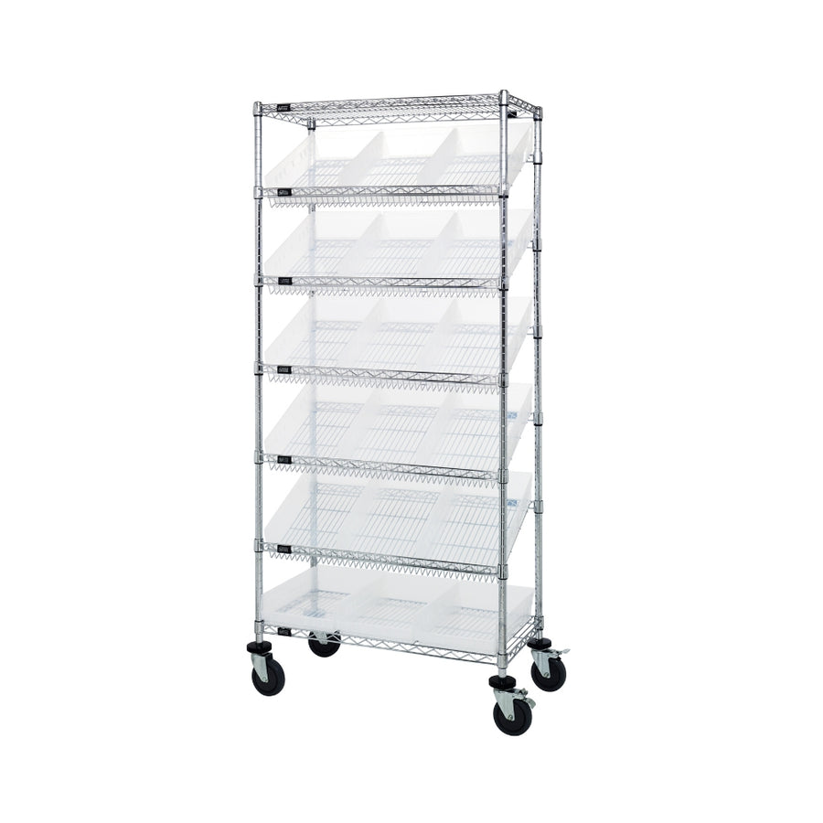 18"d x 36"w x 80"h 7-Tier Slanted Wire Shelving Carts with 17-7/8"d x 11-1/8"w x 4"h Bins