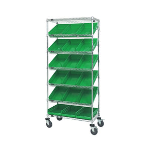 18"d x 36"w x 80"h 7-Tier Slanted Wire Shelving Carts with 17-7/8"d x 11-1/8"w x 4"h Bins
