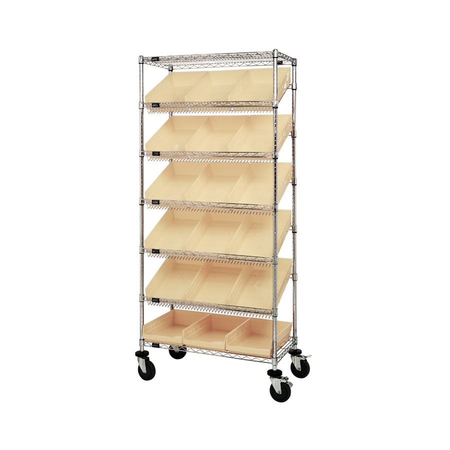 18"d x 36"w x 80"h 7-Tier Slanted Wire Shelving Carts with 17-7/8"d x 11-1/8"w x 4"h Bins