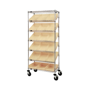 18"d x 36"w x 80"h 7-Tier Slanted Wire Shelving Carts with 17-7/8"d x 11-1/8"w x 4"h Bins