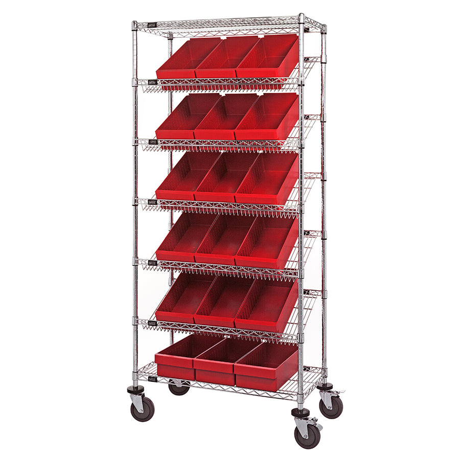18"d x 36"w x 80"h 7-Tier Slanted Wire Shelving Carts with 17-5/8"d x 8-3/8"w x 4-5/8"h Drawers