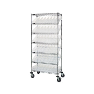 18"d x 36"w x 80"h 7-Tier Slanted Wire Shelving Carts with 17-7/8"d x 4-1/8"w x 4"h Bins