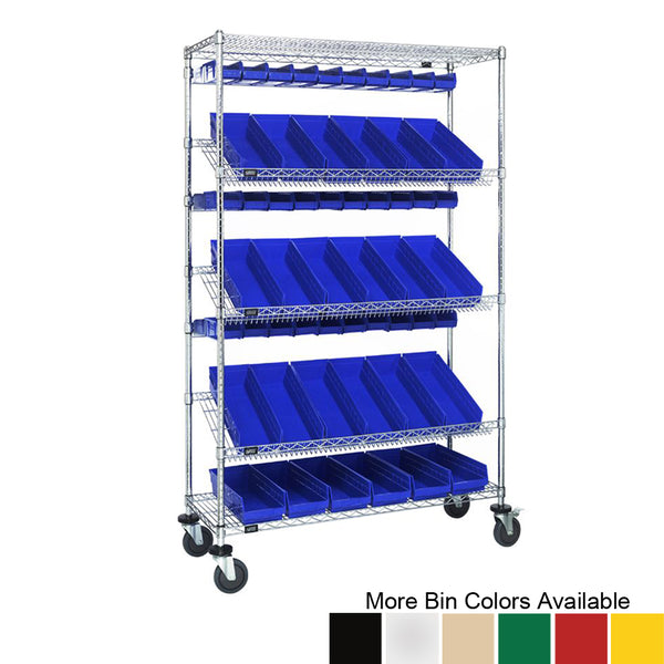 18"d x 48"w x 80"h 5-Tier Slanted Wire Shelving Carts with 3"h Hang Bins & 4"h Shelf Bins