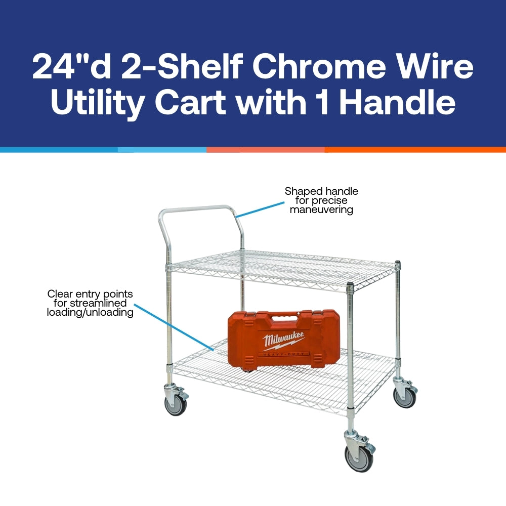 24"d 2-Shelf Chrome Wire Utility Cart with 1 Handle
