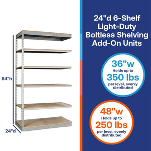 Lyon 24"d 6-Shelf Light-Duty Boltless Shelving Add-On Units - Gray