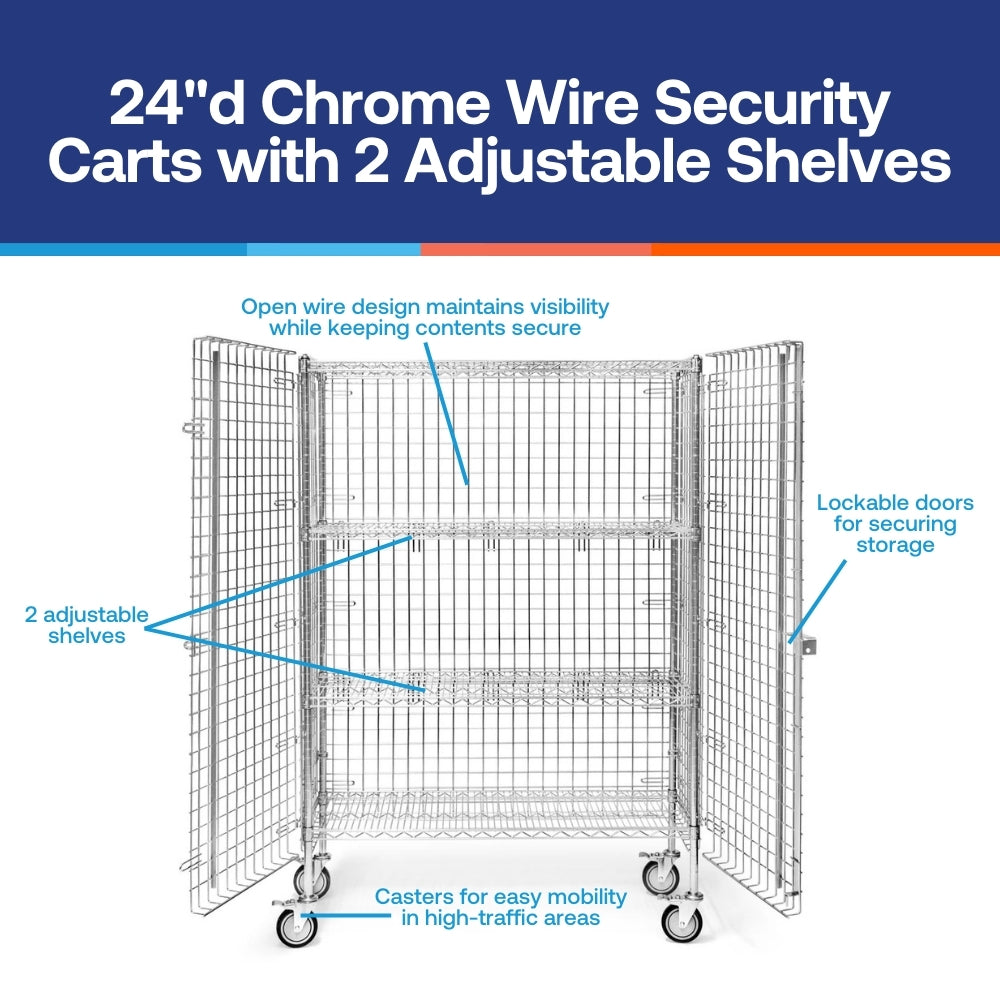 24"d Chrome Wire Security Carts with 2 Adjustable Shelves