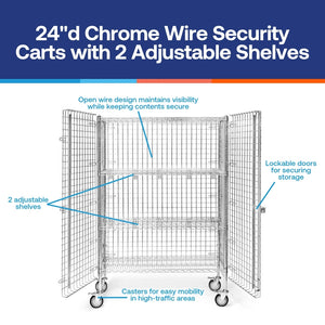 24"d Chrome Wire Security Carts with 2 Adjustable Shelves